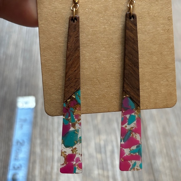 Wood and Resin Multicolor Dangle Earrings - Picture 5 of 6